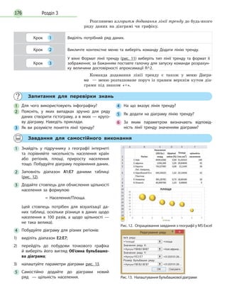 176 Розділ 3
Розглянемо алгоритм додавання лінії тренду до будь-якого
ряду даних на діаграмі чи графіку.
Крок 1 Виділіть потрібний ряд даних.
Крок 2 Викличте контекстне меню та виберіть команду Додати лінію тренду.
Крок 3
У вікні Формат лінії тренду (рис. 11) виберіть тип лінії тренду та формат її
зображення; за бажанням поставте галочку для запуску команди розрахун-
ку величини достовірності апроксимації R^2.
Команда додавання лінії тренду є також у меню Діагра-
ма — меню розташоване поруч із правим верхнім кутом діа-
грами під знаком «+».
Запитання для перевірки знань
1 Для чого використовують інфографіку?
2 Поясніть, у яких випадках зручно для ряду
даних створити гістограму, а в яких — круго-
ву діаграму. Наведіть приклади.
3 Як ви розумієте поняття лінії тренду?
4 На що вказує лінія тренду?
5 Як додати на діаграму лінію тренду?
6 За яким параметром визначають відповід-
ність лінії тренду значенням діаграми?
Завдання для самостійного виконання
1 Знайдіть у підручнику з географії інтернеті
та порівняйте чисельність населення країн
або регіонів, площі, приросту населення
тощо. Побудуйте діаграму порівняння даних.
2 Заповніть діапазон А1:Е7 даними таблиці
(рис. 12).
3 Додайте стовпець для обчислення щільності
населення за формулою
= Населення/Площа.
(цей стовпець потрібен для візуалізації да-
них таблиці, оскільки різниця в даних щодо
населення в 100 разів, а щодо щільності —
не така велика).
4 Побудуйте діаграму для різних регіонів:
1) виділіть діапазон Е2:Е7;
2) перейдіть до побудови точкового графіка
й виберіть його вигляд Об’ємна бульбашко-
ва діаграма;
3) налаштуйте параметри діаграми рис. 13.
5 Самостійно додайте до діаграми новий
ряд — щільність населення. Рис. 13. Налаштування бульбашкової діаграми
Рис. 12. Опрацювання завдання з географії у MS Excel
Редагування ряду
Ім'я ряду:
='площа' =площа
Значення ряду Х:
=Аркуш1!$В$2:$В$7
Значення ряду Y:
=Аркуш1!Е2:Е7
=Аркуш1!$Е$2:$Е$7
Розмір бульбашки ряду:
= Азія;африка;...
= 31,033131;29;...
= 31,033131;29;...
ОК Скасувати
 