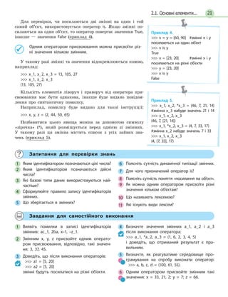 212.1. Основні елементи...
Для перевірки, чи посилаються дві змінні на один і той
самий об’єкт, використовується оператор is. Якщо змінні по-
силаються на один об’єкт, то оператор повертає значення True,
інакше — значення False (приклад 4).
Одним оператором присвоювання можна присвоїти різ-
ні значення кільком змінним.
У такому разі змінні та значення відокремлюються комою,
наприклад:
 x_1, x_2, x_3 = 13, 105, 27
 x_1, x_2, x_3
(13, 105, 27)
Кількість елементів ліворуч і праворуч від оператора при-
своювання має бути однакова, інакше буде видано повідом-
лення про синтаксичну помилку.
Наприклад, помилку буде видано для такої інструкції:
 x, y, z = (2, 44, 50, 65)
Позбавитися цього явища можна за допомогою символу
«зірочка» (*), який розміщується перед однією зі змінних.
У такому разі ця змінна містить список з усіх зайвих зна-
чень (приклад 5).
Приклад 4.
 x = y = [60, 90] #змінні x і y
посилаються на один об’єкт
 x is y
True
 x = [23, 20] #змінні x і y
посилаються на різні об’єкти
 y = [23, 20]
 x is y
False
Приклад 5.
 x_1, x_2, *x_3 = (46, 7, 21, 14)
#змінна x_3 набуде значень 21 і 14
 x_1, x_2, x_3
(46, 7, [21, 14])
 x_1, *x_2, x_3 = (4, 7, 33, 17)
#змінна x_2 набуде значень 7 і 33
 x_1, x_2, x_3
(4, [7, 33], 17)
Запитання для перевірки знань
1 Яким ідентифікатором позначаються цілі числа?
2 Яким ідентифікатором позначаються дійсні
числа?
3 Які базові типи даних використовуються най-
частіше?
4 Сформулюйте правило запису ідентифікаторів
змінних.
5 Що зберігається в змінних?
6 Поясніть сутність динамічної типізації змінних.
7 Для чого призначений оператор is?
8 Поясніть сутність поняття «посилання на об’єкт».
9 Як можна одним оператором присвоїти різні
значення кільком об’єктам?
10 Що називають лексемою?
11 Які існують види лексем?
Завдання для самостійного виконання
1 Виявіть помилки в записі ідентифікаторів
змінних: ac_1, 2ba, x–1, –z_1.
2 Змінним x, y, z присвойте одним операто-
ром присвоювання, відповідно, такі значен-
ня: 3, 37, 45.
3 Доведіть, що після виконання операторів:
 a1 = [5, 20]
 a2 = [5, 20]
змінні будуть посилатися на різні об’єкти.
4 Визначте значення змінних a_1, a_2 і a_3
після виконання оператора:
 a_1, *a_2, a_3 = (1, 6, 2, 3, 4, 5)
і доведіть, що отриманий результат є пра-
вильним.
5 Визначте, як реагуватиме середовище про-
грамування на спробу виконати оператор:
 a, b, c, d = (100, 61, 55).
6 Одним оператором присвойте змінним такі
значення: x = 33, 21, 2; y = 7; z = 66.
 