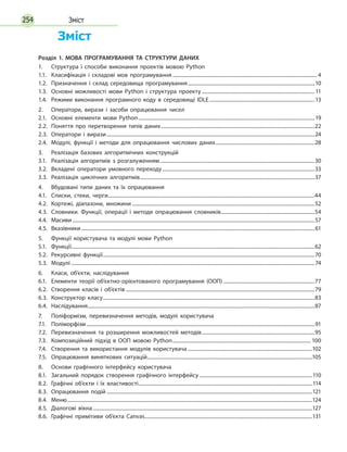 254 Зміст
	   Зміст
Розділ 1. МОВА ПРОГРАМУВАННЯ ТА СТРУКТУРИ ДАНИХ
1.
	
Структура і способи виконання проектів мовою Python
1.1.
	
Класифікація і складові мов програмування...................................................................................................................4
1.2.
	
Призначення і склад середовища програмування.....................................................................................................10
1.3.
	
Основні можливості мови Python і структура проекту.......................................................................................... 11
1.4.
	
Режими виконання програмного коду в середовищі IDLE....................................................................................13
2.
	
Оператори, вирази і засоби опрацювання чисел
2.1.
	
Основні елементи мови Python............................................................................................................................................19
2.2.
	
Поняття про перетворення типів даних..........................................................................................................................22
2.3.
	
Оператори і вирази.....................................................................................................................................................................24
2.4.
	
Модулі, функції і методи для опрацювання числових даних...............................................................................28
3.
	
Реалізація базових алгоритмічних конструкцій
3.1.
	
Реалізація алгоритмів з розгалуженням...........................................................................................................................30
3.2.
	
Вкладені оператори умовного переходу.........................................................................................................................33
3.3.
	
Реалізація циклічних алгоритмів...........................................................................................................................................37
4.
	
Вбудовані типи даних та їх опрацювання
4.1.
	
Списки, стеки, черги....................................................................................................................................................................44
4.2.
	
Кортежі, діапазони, множини.................................................................................................................................................52
4.3.
	
Словники. Функції, операції і методи опрацювання словників...........................................................................54
4.4.
	
Масиви................................................................................................................................................................................................57
4.5.
	
Вказівники.........................................................................................................................................................................................61
5.
	
Функції користувача та модулі мови Python
5.1.
	
Функції.................................................................................................................................................................................................62
5.2.
	
Рекурсивні функції........................................................................................................................................................................70
5.3.
	
Модулі.................................................................................................................................................................................................74
6.
	
Класи, об’єкти, наслідування
6.1.
	
Елементи теорії об’єктно-орієнтованого програмування (ООП).........................................................................77
6.2.
	
Створення класів і об’єктів......................................................................................................................................................79
6.3.
	
Конструктор класу........................................................................................................................................................................83
6.4.
	
Наслідування....................................................................................................................................................................................87
7.
	
Поліформізм, перевизначення методів, модулі користувача
7.1.
	
Поліморфізм.....................................................................................................................................................................................91
7.2.
	
Перевизначення та розширення можливостей методів..........................................................................................95
7.3.	 Композиційний підхід в ООП мовою Python.............................................................................................................. 100
7.4.
	
Створення та використання модулів користувача...................................................................................................102
7.5.
	
Опрацювання виняткових ситуацій...................................................................................................................................105
8.
	
Основи графічного інтерфейсу користувача
8.1.
	
Загальний порядок створення графічного інтерфейсу..........................................................................................110
8.2.
	
Графічні об’єкти і їх властивості..........................................................................................................................................114
8.3.
	
Опрацювання подій...................................................................................................................................................................121
8.4.
	
Меню..................................................................................................................................................................................................124
8.5.
	
Діалогові вікна..............................................................................................................................................................................127
8.6.
	
Графічні примітиви об’єкта Canvas.....................................................................................................................................131
 