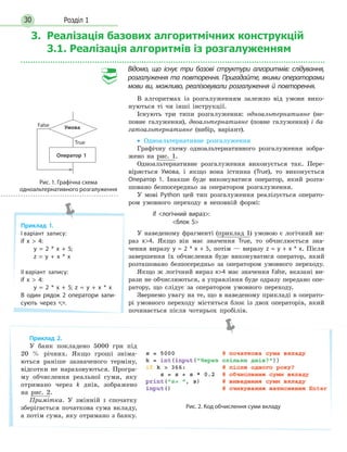 Розділ 130
3. Реалізаціябазовихалгоритмічнихконструкцій
3.1.Реалізаціяалгоритмівізрозгалуженням
Відомо, що існує три базові структури алгоритмів: слідування,
розгалуження та повторення. Пригадайте, якими операторами
мови ви, можливо, реалізовували розгалуження й повторення.
В алгоритмах із розгалуженням залежно від умови вико-
нуються ті чи інші інструкції.
Існують три типи розгалуження: одноальтернативне (не-
повне галуження), двоальтернативне (повне галуження) і ба-
гатоальтернативне (вибір, варіант).
• Одноальтернативне розгалуження
Графічну схему одноальтернативного розгалуження зобра-
жено на рис. 1.
Одноальтернативне розгалуження виконується так. Пере-
віряється Умова, і якщо вона істинна (True), то виконується
Оператор 1. Інакше буде виконуватися оператор, який розта-
шовано безпосередньо за оператором розгалуження.
У мові Python цей тип розгалуження реалізується операто-
ром умовного переходу в неповній формі:
if логічний вираз:
блок S
У наведеному фрагменті (приклад 1) умовою є логічний ви-
раз x4. Якщо він має значення True, то обчислюється зна-
чення виразу y = 2 * x + 5, потім — виразу z = y + x * x. Після
завершення їх обчислення буде виконуватися оператор, який
розташовано безпосередньо за оператором умовного переходу.
Якщо ж логічний вираз x4 має значення False, вказані ви-
рази не обчислюються, а управління буде одразу передано опе-
ратору, що слідує за оператором умовного переходу.
Звернемо увагу на те, що в наведеному прикладі в операто-
рі умовного переходу міститься блок із двох операторів, який
починається після чотирьох пробілів.
Рис. 1. Графічна схема
одноальтернативного розгалуження
True
False
Оператор 1
Умова
Приклад 1.
І варіант запису:
if x  4:
y = 2 * x + 5;
z = y + x * x
ІІ варіант запису:
if x  4:
y = 2 * x + 5; z = y + x * x
В один рядок 2 оператори запи-
сують через «;».
Приклад 2.
У банк покладено 5000 грн під
20 % річних. Якщо гроші зніма-
ються раніше зазначеного терміну,
відсотки не нараховуються. Програ-
му обчислення реальної суми, яку
отримано через k днів, зображено
на рис. 2.
Примітка. У змінній s спочатку
зберігається початкова сума вкладу,
а потім сума, яку отримано з банку.
Рис. 2. Код обчислення суми вкладу
 