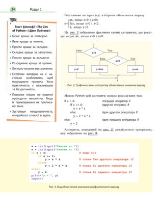 Розділ 134
Розглянемо на прикладі алгоритм обчислення виразу
ax, якщо x0 i a≥0;
y= 2ax, якщо x0 i a0;
2, якщо x≤0.
На рис. 2 зображено фрагмент схеми алгоритму, що реалі-
зує вираз ax, якщо x0 i a≥0.
Рис. 2. Графічна схема алгоритму обчислення значення виразу
True
True
False
False
у=2 у=2ах у=ах
x0
а≥0
Мовою Python цей алгоритм можна реалізувати так:
If x  0: #перший оператор if
If a = 0: #другий оператор if
y = a * x
else: #для другого оператора if
y = 2 * a * x
else: #для першого оператора if
y = 2
Алгоритм, наведений на рис. 2, реалізується програмою,
яку зображено на рис. 3.
Рис. 3. Код обчислення значення арифметичного виразу
Текст філософії «The Zen
of Python» («Дзен Пайтона»)
• Гарне краще за потворне.
• Явне краще за неявне.
• Просте краще за складне.
• Складне краще за заплутане.
• Плоске краще за вкладене.
• Розріджене краще за щільне.
• Легкість читання має значення.
• Особливі випадки не є на-
стільки особливими, щоб
порушувати правила. Хоча
практичність є важливішою
за бездоганність.
• Помилки ніколи не повинні
проходити непомітно. Якщо
їх приховування не прописа-
но явно.
• Зустрівши неоднозначність,
опирайтеся спокусі вгадати.



 