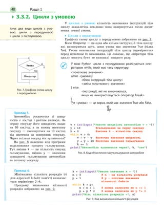 Розділ 140
У циклах з умовою кількість виконання інструкцій тіла
циклу заздалегідь невідома: вона завершується після досяг-
нення певної умови.
• Цикли з передумовою
Графічну схему циклу з передумовою зображено на рис. 7.
Блок Оператор — це одна або кілька інструкцій тіла циклу,
які виконуються доти, доки умова має значення True (гілка
Так). Умова виконання інструкцій тіла циклу перевіряється
перед початком їх виконання. Це означає, що оператори тіла
циклу можуть бути не виконані жодного разу.
У мові Python цикли з передумовою реалізуються опе-
ратором while, який має таку структуру:
початкове значення
while умова):
блок інструкцій тіла циклу
зміна початкового значення
[ else:
інструкції, які не виконуються,
якщо не використовується оператор break
]
Тут умова — це вираз, який має значення True або False.
 3.3.2. Циклизумовою
так
Оператор
Умова
ні
Рис. 7. Графічна схема циклу
з передумовою
Існує два види циклів з умо-
вою: цикли з передумовою
і  цикли з післяумовою.
Приклад 5.
Автомобіль рухаюється зі швид-
кістю v км/год і раптом гальмує. За
першу секунду його швидкість падає
на 10 км/год, а за кожну наступну
секунду — зменшується на 10 км/год
від значення за попередню секунду.
Через скільки секунд він зупиниться?
На рис. 8 наведено код програми
моделювання процесу гальмування.
Тут змінна k — це кількість секунд
гальмування, змінна y — значення
швидкості гальмування автомобіля
за поточну секунду.
Рис. 8. Код обчислення часу гальмування автомобіля
Приклад 6.
Мінімальна кількість розрядів (n)
для адресації k байт пам’яті визначає-
ться нерівністю 2n
k.
Програму визначення кількості
розрядів зображено на рис. 9.
Рис. 9. Код визначення кількості розрядів
 