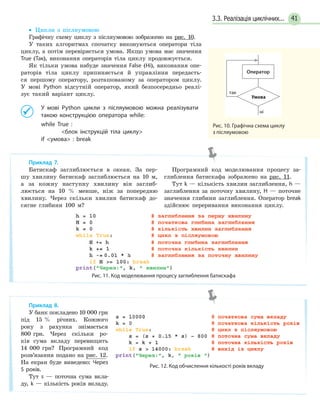 413.3. Реалізація циклічних...
• Цикли з післяумовою
Графічну схему циклу з післяумовою зображено на рис. 10.
У таких алгоритмах спочатку виконуються оператори тіла
циклу, а потім перевіряється умова. Якщо умова має значення
True (Так), виконання операторів тіла циклу продовжується.
Як тільки умова набуде значення False (Ні), виконання опе-
раторів тіла циклу припиняється й управління передаєть-
ся першому оператору, розташованому за оператором циклу.
У мові Python відсутній оператор, який безпосередньо реалі-
зує такий варіант циклу.
У мові Python цикли з післяумовою можна реалізувати
такою конструкцією оператора while:
while True :
блок інструкцій тіла циклу
if умова : break
так
Оператор
Умова
ні
Рис. 10. Графічна схема циклу
з післяумовою
Приклад 7.
Батискаф заглиблюється в океан. За пер-
шу хвилину батискаф заглиблюється на 10 м,
а за кожну наступну хвилину він заглиб-
люється на 10 % менше, ніж за попередню
хвилину. Через скільки хвилин батискаф до-
сягне глибини 100 м?
Програмний код моделювання процесу за-
глиблення батискафа зображено на рис. 11.
Тут k — кількість хвилин заглиблення, h —
заглиблення за поточну хвилину, H — поточне
значення глибини заглиблення. Оператор break
здійснює переривання виконання циклу.
Рис. 11. Код моделювання процесу заглиблення батискафа
Приклад 8.
У банк покладено 10 000 грн
під 15 % річних. Кожного
року з рахунка знімається
800 грн. Через скільки ро-
ків сума вкладу перевищить
14 000 грн? Програмний код
розв’язання подано на рис. 12.
На екран буде виведено: Через
5 років.
Тут s — поточна сума вкла-
ду, k — кількість років вкладу.
Рис. 12. Код обчислення кількості років вкладу
 