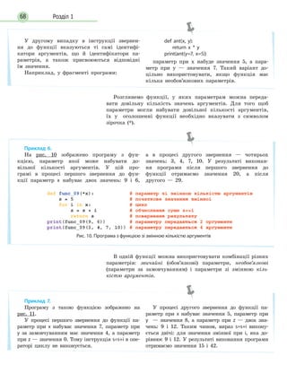 Розділ 168
Розглянемо функції, у яких параметрам можна переда-
вати довільну кількість значень аргументів. Для того щоб
параметри могли набувати довільної кількості аргументів,
їх у оголошенні функції необхідно вказувати з символом
зірочка (*).
В одній функції можна використовувати комбінації різних
параметрів: звичайні (обов’язкові) параметри, необов’язкові
(параметри за замовчуванням) і параметри зі змінною кіль-
кістю аргументів.
У другому випадку в інструкції звернен-
ня до функції вказуються ті самі ідентифі-
катори аргументів, що й ідентифікатори па-
раметрів, а також присвоюються відповідні
їм значення.
Наприклад, у фрагменті програми:
def ant(x, y):
return x * y
print(ant(y=7, x=5))
параметр при x набуде значення 5, а пара-
метр при y — значення 7. Такий варіант до-
цільно використовувати, якщо функція має
кілька необов’язкових параметрів.
Приклад 6.
На рис. 10 зображено програму з фун-
кцією, параметр якої може набувати до-
вільної кількості аргументів. У цій про-
грамі в процесі першого звернення до фун-
кції параметр x набуває двох значень: 9 і 6,
а в процесі другого звернення — чотирьох
значень: 3, 4, 7, 10. У результаті виконан-
ня програми після першого звернення до
функції отримаємо значення 20, а після
другого — 29.
Рис. 10. Програма з функцією зі змінною кількістю аргументів
Приклад 7.
Програму з такою функцією зображено на
рис. 11.
У процесі першого звернення до функції па-
раметр при x набуває значення 7, параметр при
y за замовчуванням має значення 4, а параметр
при z — значення 0. Тому інструкція s=s+i в опе-
раторі циклу не виконується.
У процесі другого звернення до функції па-
раметр при x набуває значення 5, параметр при
y — значення 8, а параметр при z — двох зна-
чень: 9 і 12. Таким чином, вираз s=s+i викону-
ється двічі: для значення змінної при i, яка до-
рівнює 9 і 12. У результаті виконання програми
отримаємо значення 15 і 42.
 
