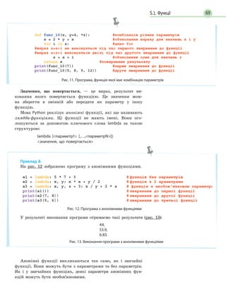 695.1. Функції
Значення, що повертається, — це вираз, результат ви-
конання якого повертається функцією. Це значення мож-
на зберегти в змінній або передати як параметр у іншу
функцію.
Мова Python реалізує анонімні функції, які ще називають
лямбда-функціями. Ці функції не мають імені. Вони ого-
лошуються за допомогою ключового слова lambda за такою
структурою:
lambda [параметр1 [,…,параметрN]]:
значення, що повертається
Анонімні функції викликаються так само, як і звичайні
функції. Вони можуть бути з параметрами та без параметрів.
Як і у звичайних функціях, деякі параметри анонімних фун-
кцій можуть бути необов’язковими.
Рис. 11. Програма, функція якої має комбінацію параметрів
Приклад 8.
На рис. 12 зображено програму з анонімними функціями.
Рис. 12. Програма з анонімними функціями
У результаті виконання програми отримаємо такі результати (рис. 13):
44,
53.9,
6.83.
Рис. 13. Виконання програми з анонімними функціями
 