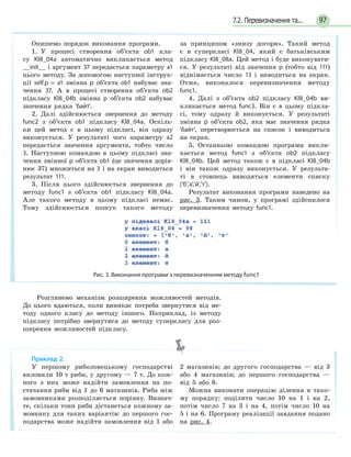 977.2. Перевизначення та...
Розглянемо механізм розширення можливостей методів.
До цього вдаються, коли виникає потреба звернутися від ме-
тоду одного класу до методу іншого. Наприклад, із методу
підкласу потрібно звернутися до методу суперкласу для роз-
ширення можливостей підкласу.
Опишемо порядок виконання програми.
1. У процесі створення об’єкта ob1 кла-
су Kl8_04a автоматично викликається метод
__init__ і аргумент 37 передається параметру а1
цього методу. За допомогою наступної інструк-
ції self.p = a1 змінна p об’єкта ob1 набуває зна-
чення 37. А в процесі створення об’єкта ob2
підкласу Kl8_04b змінна p об’єкта ob2 набуває
значення рядка 'байт'.
2. Далі здійснюється звернення до методу
func2 з об’єкта ob1 підкласу Kl8_04a. Оскіль-
ки цей метод є в цьому підкласі, він одразу
виконується. У результаті чого параметру а2
передається значення аргумента, тобто число
3. Наступною командою в цьому підкласі зна-
чення змінної p об’єкта ob1 (це значення дорів-
нює 37) множиться на 3 і на екран виводиться
результат 111.
3. Після цього здійснюється звернення до
методу func1 з об’єкта ob1 підкласу Kl8_04a.
Але такого методу в цьому підкласі немає.
Тому здійснюється пошук такого методу
за принципом «знизу догори». Такий метод
є в суперкласі Kl8_04, який є батьківським
підкласу Kl8_08a. Цей метод і буде виконувати-
ся. У результаті від значення p (тобто від 111)
віднімається число 13 і виводиться на екран.
Отже, виконалося перевизначення методу
func1.
4. Далі з об’єкта ob2 підкласу Kl8_04b ви-
кликається метод func3. Він є в цьому підкла-
сі, тому одразу й виконується. У результаті
змінна p об’єкта ob2, яка має значення рядка
'байт', перетворюється на список і виводиться
на екран.
5. Останньою командою програми викли-
кається метод func1 з об’єкта ob2 підкласу
Kl8_04b. Цей метод також є в підкласі Kl8_04b
і він також одразу виконується. У результа-
ті в стовпець виводяться елементи списку
['б','а','й','т'].
Результат виконання програми наведено на
рис. 3. Таким чином, у програмі здійснилося
перевизначення методу func1.
Рис. 3. Виконання програми з перевизначенням методу func1
Приклад 2.
У першому риболовецькому господарстві
виловили 10 т риби, у другому — 7 т. До кож-
ного з них може надійти замовлення на по-
стачання риби від 1 до 6 магазинів. Риба між
замовниками розподіляється порівну. Визнач-
те, скільки тонн риби дістанеться кожному за-
мовнику для таких варіантів: до першого гос-
подарства може надійти замовлення від 1 або
2 магазинів; до другого господарства — від 3
або 4 магазинів; до першого господарства —
від 5 або 6.
Можна виконати операцію ділення в тако-
му порядку: поділити число 10 на 1 і на 2,
потім число 7 на 3 і на 4, потім число 10 на
5 і на 6. Програму реалізації завдання подано
на рис. 4.
 