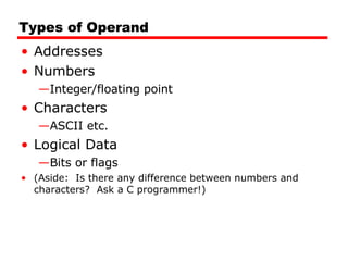Types of Operand Addresses Numbers Integer/floating point Characters ASCII etc. Logical Data Bits or flags (Aside:  Is there any difference between numbers and characters?  Ask a C programmer!) 