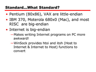 Standard…What Standard? Pentium (80x86), VAX are little-endian IBM 370, Moterola 680x0 (Mac), and most RISC  are big-endian Internet is big-endian Makes writing Internet programs on PC more awkward! WinSock provides htoi and itoh (Host to Internet & Internet to Host) functions to convert 