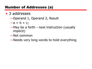 Number of Addresses (a) 3 addresses Operand 1, Operand 2, Result a = b + c; May be a forth - next instruction (usually implicit) Not common Needs very long words to hold everything 
