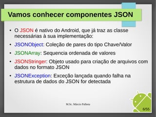 Vamos conhecer componentes JSON
●

O JSON é nativo do Android, que já traz as classe
necessárias à sua implementação:

●

JSONObject: Coleção de pares do tipo Chave/Valor

●

JSONArray: Sequencia ordenada de valores

●

●

JSONStringer: Objeto usado para criação de arquivos com
dados no formato JSON
JSONException: Exceção lançada quando falha na
estrutura de dados do JSON for detectada

M.Sc. Márcio Palheta

6/55

 