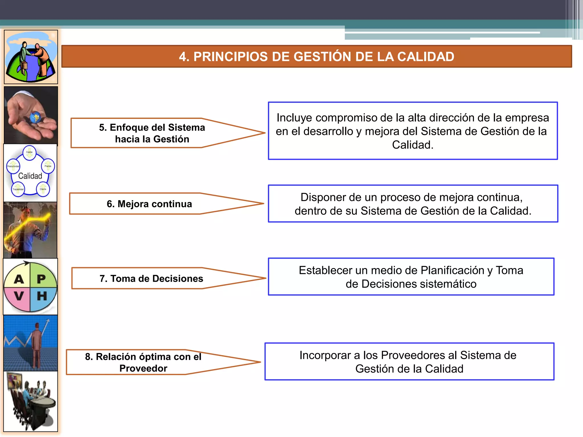5. Enfoque del Sistema
hacia la Gestión
Incluye compromiso de la alta dirección de la empresa
en el desarrollo y mejora del Sistema de Gestión de la
Calidad.
6. Mejora continua
Disponer de un proceso de mejora continua,
dentro de su Sistema de Gestión de la Calidad.
7. Toma de Decisiones
Establecer un medio de Planificación y Toma
de Decisiones sistemático
8. Relación óptima con el
Proveedor
Incorporar a los Proveedores al Sistema de
Gestión de la Calidad
4. PRINCIPIOS DE GESTIÓN DE LA CALIDAD
 