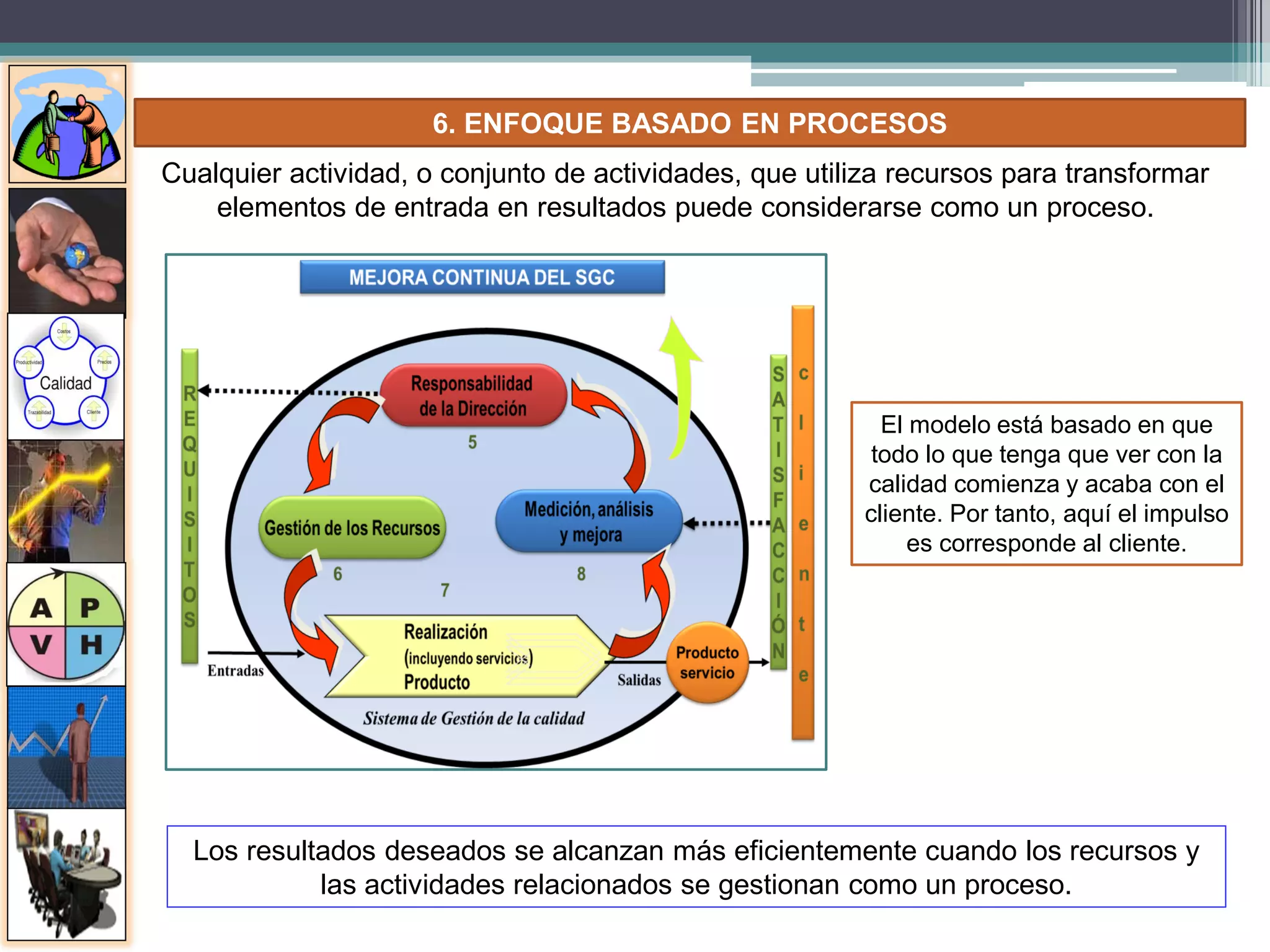 6. ENFOQUE BASADO EN PROCESOS
Cualquier actividad, o conjunto de actividades, que utiliza recursos para transformar
elementos de entrada en resultados puede considerarse como un proceso.
El modelo está basado en que
todo lo que tenga que ver con la
calidad comienza y acaba con el
cliente. Por tanto, aquí el impulso
es corresponde al cliente.
Los resultados deseados se alcanzan más eficientemente cuando los recursos y
las actividades relacionados se gestionan como un proceso.
 