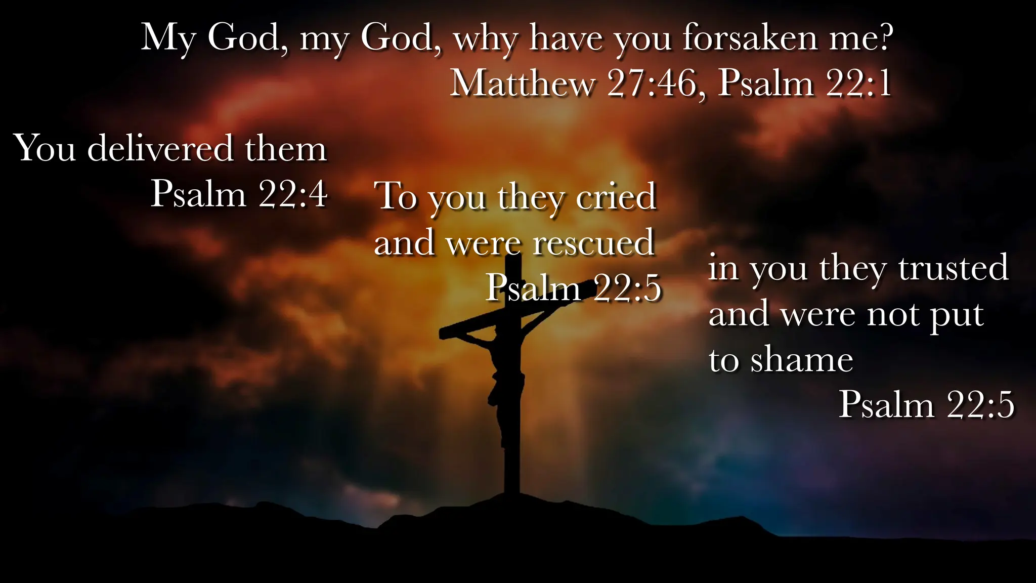 My God, my God, why have you forsaken me?
Matthew 27:46, Psalm 22:1
You delivered them
Psalm 22:4 To you they cried
and were rescued
Psalm 22:5
in you they trusted
and were not put
to shame
Psalm 22:5
 