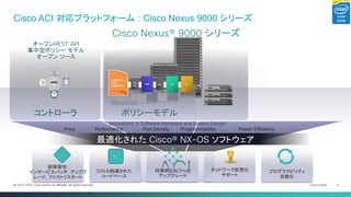 Cisco Public 
5 
© 2013-2014 Cisco and/or its affiliates. All rights reserved. 
Cisco ACI 対応プラットフォーム : Cisco Nexus 9000 シリーズ 
ポリシーモデル 
ACI 
>_ 
>_ 
50%も削減された コードベース 
将来的なACIへの アップグレード 
プログラマビリティ 自動化 
ネットワーク仮想化 サポート 
耐障害性: インサービスパッチ, アップグ レード, ファストリスタート 
Cisco Nexus® 9000 シリーズ 
Innovations in Software Hardware and System Design 
Price 
Power Efficiency 
Programmability 
Port Density 
Performance 
オープンREST API 
集中型ポリシー モデル 
オープン ソース 
コントローラ 
最適化された Cisco® NX-OS ソフトウェア  