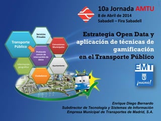 Enrique Diego Bernardo
Subdirector de Tecnología y Sistemas de Información
Empresa Municipal de Transportes de Madrid, S.A.
Estrategia Open Data y
aplicación de técnicas de
gamificación
en el Transporte Público
Protocolo
común de
intercambio de
datos
Servicios
Privados
Concesiones
Municipales
Ayuntamiento
Ciudadanos
Información
geográfica
Transporte
Público
10a Jornada AMTU
8 de Abril de 2014
Sabadell – Fira Sabadell
 