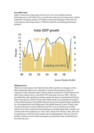 Incredible India
India’s economy has impressed in the face of a very severe global recession,
bottoming out at a still solid 5.8% y/y growth rate, and now recovering nicely with the
September -09 quarter posting 7.9% despite some local challenges in the form of a
weak monsoon and rising oil prices. What has made this astonishing performance
possible?




Helping factors
There are several reasons why India has been able to perform as strongly as it has.
Most importantly India is less vulnerable to external shocks because it has low
exposure to trade. Presently India’s exports stand at around 20% of GDP whereas few
other Asian countries have a ratio below 50% and some well over 100%. This has
provided India with significant insulation against the drop in external demand that hit
other Asian nations so hard. On top of this, Indian banks were generally not exposed
to the troubled portions of the global financial system and remained largely unaffected
by a development that roiled large parts of the global financial system. Finally, there
was also some luck involved. When the crisis hit it was an election year in India
which, true to form, meant that fiscal spending was already higher than it usually is (a
common and well accepted way to “buy votes” ahead of an election). Thus, there was
no lag between a need for fiscal stimulus and its implementation when the crisis hit
and this certainly served to hold consumption up much better than would otherwise
have been the case.
 