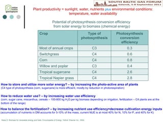 Potential of photosynthesis conversion efficiency  from  solar  energy to biomass (chemical energy) Klass D. Biomass for renewable energy and fuels. Encyclopedia of Energy.   Oxford: Elsevier Inc.; 2004. How to store and utilize more solar energy? – by increasing the photo-active area of plants (C4 type of photosynthesis (corn, sugarcane) is more efficient, mostly by reduction in photorespiration) Plant productivity = sunlight, water, nutrients   plus  environmental conditions: temperature,  water availability How to reduce water use? – by increasing water use efficiency (corn, sugar cane, miscanthus, cereals – 100-800 kg H 2 O per kg biomass depending on irrigation, fertilization – C4 plants are at the bottom of the range) How to balance the fertilization? – by increasing nutrient use efficiency=decrease cultivation energy inputs  (accumulation of nutrients in DM accounts for 5-10% of the mass, current NUE is at most 40% for N, 10% for P, and 40% for K) Crop Type of photosynthesis Photosynthesis conversion efficiency Most of annual crops C3 0.3 Switchgrass C4 0.6 Corn C4 0.8 Willow and poplar C3 0.4 Tropical sugarcane C4 2.6 Tropical Napier grass C4 2.8 