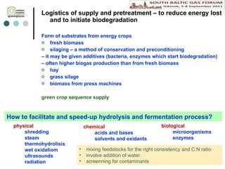 L ogistics  of supply   and pretreatment  – to reduce energy lost and to initiate biodegradation Form of substrates from energy crops fresh biomass silaging – a method of conservation and preconditioning  –  it may be  given  additives (bacteria, enzymes which start biodegradation) –  often higher biogas production than from fresh biomass hay g rass  s ilage biomass from press machines green crop sequence supply How to facilitate and speed-up hydrolysis and fermentation process?  physical shredding steam thermohydrolisis w et   oxidatio m ultrasounds radiation chemical acids and bases solvents and oxidants biological microorganisms enzymes mixing feedstock s   for  the right consistency and C:N ratio involve addition of water.  s creen ning for  contaminants 