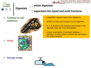 whole digestate Digestate separated into liquid and solid fractions Fertilizer or soil coditioner Waste Sewage sludge indigestible material, dead micro-organisms 90-95% of what was fed  goes  into the digest at e N, P, K present in the feedstock will remain in the digestate (the y  are more bioavailable) reduce consumption of synthetic fertilisers = reduction of consumption of fossil fuels  and  reduce  the  carbon footprint 