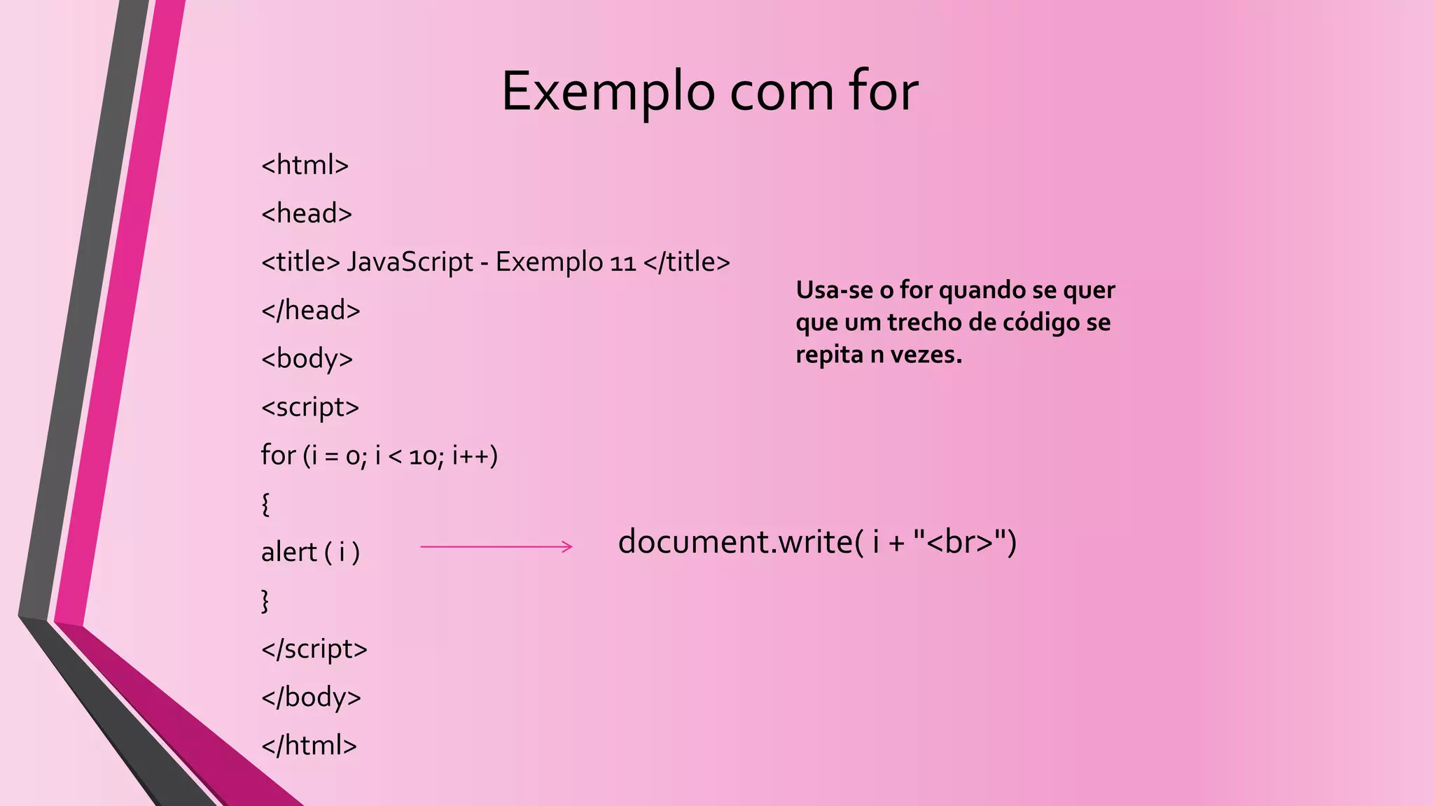 Exemplo com for
<html>
<head>
<title> JavaScript - Exemplo 11 </title>
</head>
<body>
<script>
for (i = 0; i < 10; i++)
{
alert ( i )
}
</script>
</body>
</html>
Usa-se o for quando se quer
que um trecho de código se
repita n vezes.
document.write( i + "<br>")
 