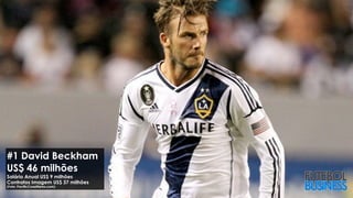 #1 David Beckham
US$ 46 milhões
Salário Anual US$ 9 milhões
Contratos Imagem US$ 37 milhões
(Foto: PacificCoastNews.com)
 