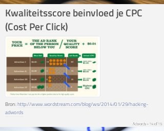 Kwaliteitsscore	beinvloed	je	CPC
(Cost	Per	Click)
Bron:	http://www.wordstream.com/blog/ws/2014/01/29/hacking-
adwords
 