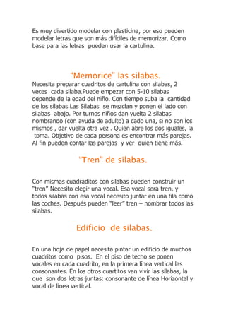 Es muy divertido modelar con plasticina, por eso pueden
modelar letras que son más difíciles de memorizar. Como
base para las letras pueden usar la cartulina.
“Memorice” las silabas.
Necesita preparar cuadritos de cartulina con silabas, 2
veces cada silaba.Puede empezar con 5-10 silabas
depende de la edad del niño. Con tiempo suba la cantidad
de los silabas.Las Silabas se mezclan y ponen el lado con
silabas abajo. Por turnos niños dan vuelta 2 silabas
nombrando (con ayuda de adulto) a cado una, si no son los
mismos , dar vuelta otra vez . Quien abre los dos iguales, la
toma. Objetivo de cada persona es encontrar más parejas.
Al fin pueden contar las parejas y ver quien tiene más.
“Tren” de silabas.
Con mismas cuadraditos con silabas pueden construir un
“tren”-Necesito elegir una vocal. Esa vocal será tren, y
todos silabas con esa vocal necesito juntar en una fila como
las coches. Después pueden “leer” tren – nombrar todos las
silabas.
Edificio de silabas.
En una hoja de papel necesita pintar un edificio de muchos
cuadritos como pisos. En el piso de techo se ponen
vocales en cada cuadrito, en la primera línea vertical las
consonantes. En los otros cuartitos van vivir las silabas, la
que son dos letras juntas: consonante de línea Horizontal y
vocal de línea vertical.
 