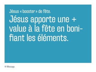 Jésus « booster » de fête.

  Jésus apporte une +
  value à la fête en boni-
  fiant les éléments.

Message.
 