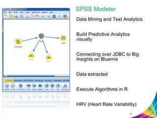 SPSS Modeler
Data Mining and Text Analytics
Build Predictive Analytics
visually
Connecting over JDBC to Big
Insights on Bluemix
Data extracted
Execute Algorithms in R
HRV (Heart Rate Variability)
33
 