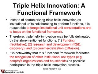 Triple Helix Innovation: A
      Functional Framework
• Instead of characterizing triple helix innovation as
  institutional units collaborating to perform functions, it is
  reasonable to forego institutional unit considerations and
  to focus on the functional framework.
• Therefore, triple helix innovation may be fully delineated
  by the aforementioned functions: (1) Funding
  (facilitative); (2) research and development (R&D,
  discovery); and (3) commercialization (diffusion).
• It is noteworthy that this functional framework facilitates
  the recognition of other institutional unit types (e.g.,
  nonprofit organizations and households) as possible
  participants in the triple helix innovation process.
                           아시아 학연산 연구회
 