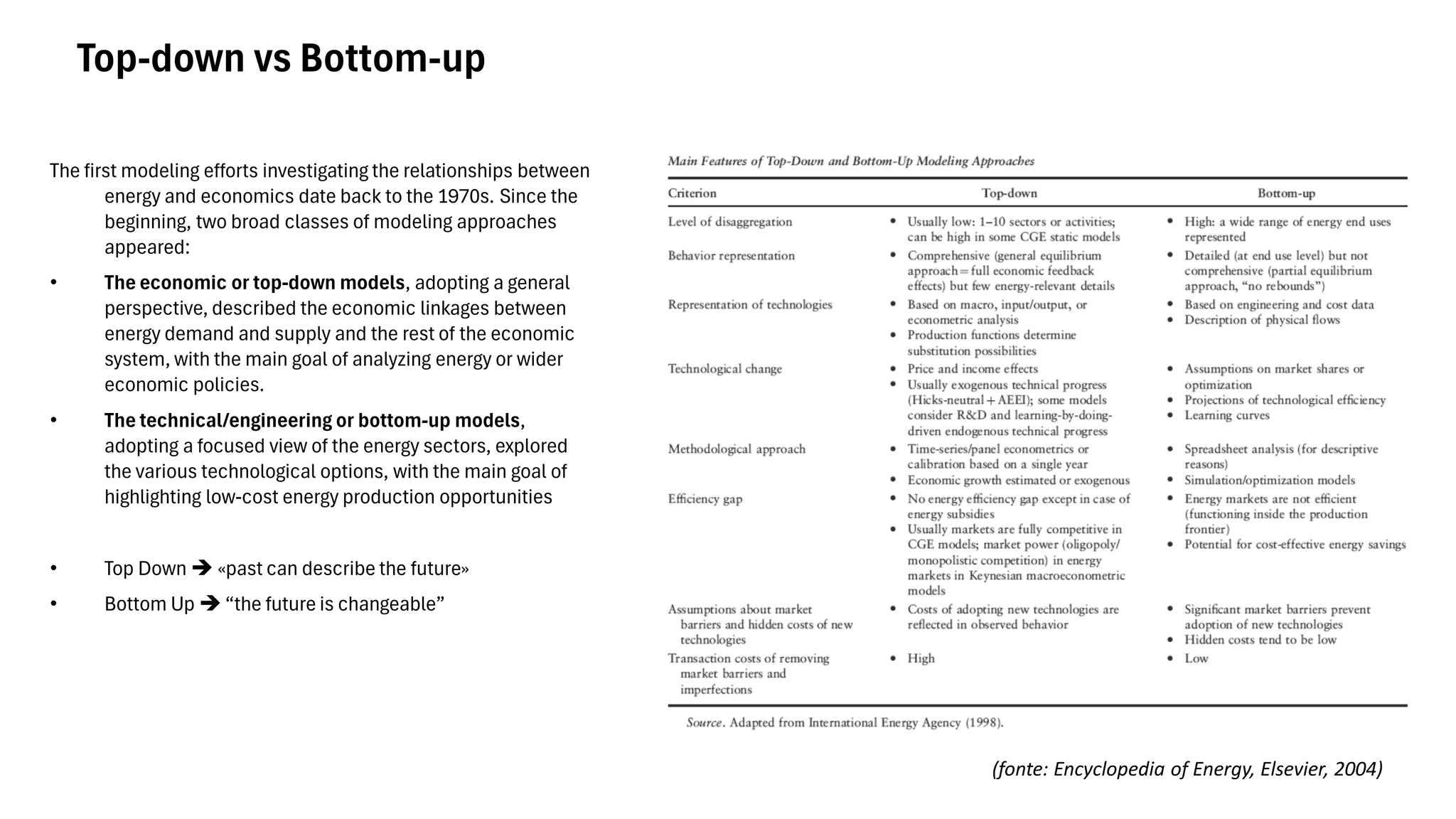 (fonte: Encyclopedia of Energy, Elsevier, 2004)
The first modeling efforts investigating the relationships between
energy and economics date back to the 1970s. Since the
beginning, two broad classes of modeling approaches
appeared:
• The economic or top-down models, adopting a general
perspective, described the economic linkages between
energy demand and supply and the rest of the economic
system, with the main goal of analyzing energy or wider
economic policies.
• The technical/engineering or bottom-up models,
adopting a focused view of the energy sectors, explored
the various technological options, with the main goal of
highlighting low-cost energy production opportunities
• Top Down ➔ «past can describe the future»
• Bottom Up ➔ “the future is changeable”
Top-down vs Bottom-up
 