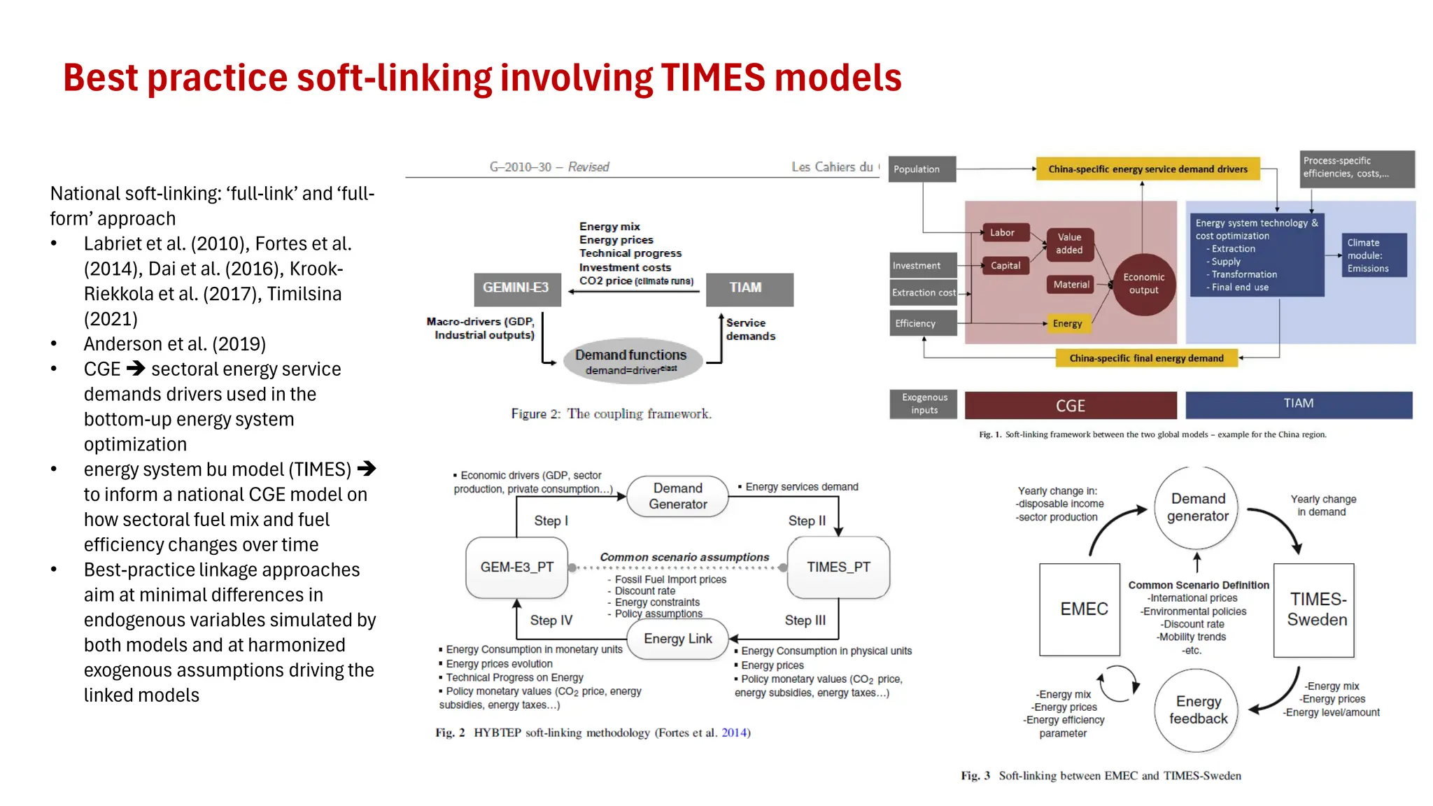 Best practice soft-linking involving TIMES models
National soft-linking: ‘full-link’ and ‘full-
form’ approach
• Labriet et al. (2010), Fortes et al.
(2014), Dai et al. (2016), Krook-
Riekkola et al. (2017), Timilsina
(2021)
• Anderson et al. (2019)
• CGE ➔ sectoral energy service
demands drivers used in the
bottom-up energy system
optimization
• energy system bu model (TIMES) ➔
to inform a national CGE model on
how sectoral fuel mix and fuel
efficiency changes over time
• Best-practice linkage approaches
aim at minimal differences in
endogenous variables simulated by
both models and at harmonized
exogenous assumptions driving the
linked models
 