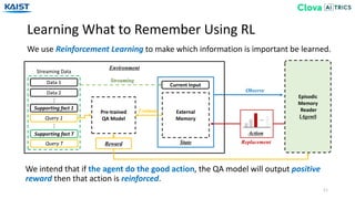Learning What to Remember Using RL
11
We use Reinforcement Learning to make which information is important be learned.
We intend that if the agent do the good action, the QA model will output positive
reward then that action is reinforced.
Environment
State
Supporting fact 1
Data 1
Data 2
Streaming Data
Query 1
…
Supporting fact T
Query T
…
Pre-trained
QA Model
Current Input
External
Memory …
Action
Streaming
Observe
Replacement
Evaluate
Reward
Episodic
Memory
Reader
(Agent)
 