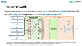 Value Network
20
Two types of reinforcement learning are used – A3C [Mnih16] or REINFORCE [Williams92].
We adopt Deep Sets from [Zaheer17] to make set representation ℎ 𝑡
.
[Zaheer17] M. Zaheer, S. Kottur, S. Ravanbakhsh, B. Póczos, R. R. Salakhutdinov, A. J. Smola, Deep Sets. NIPS 2017
[Williams92] R. J. Williams, Simple Statistical Gradient-Following Algorithms for Connectionist Reinforcement Learning. ML 1992
[Mnih16] V. Mnih, A. P. Badia, M. Mirza, A. Graves, T. P. Lillicrap, T. Harley, D. Silver, K. Kavukcuoglu, Asynchronous Methods for Deep Reinforcement Learning. ICML 2016
External Memory Memory Encoder
(Transformer)
Multi-layer
Perceptron
GRU Cellℎ(𝑡)
𝑉(𝑡)
ℎ(𝑡−1)
𝑚1
(𝑡)
𝑚1
(𝑡)
𝑚2
(𝑡)
𝑚3
(𝑡)
𝑚4
(𝑡)
𝑚5
(𝑡)
𝑚6
(𝑡)
𝑚2
(𝑡)
𝑚3
(𝑡)
𝑚4
(𝑡)
𝑚5
(𝑡)
ℎ1
(𝑡)
ℎ2
(𝑡)
ℎ3
(𝑡)
ℎ4
(𝑡)
ℎ5
(𝑡)
𝑚6
(𝑡)
ℎ6
(𝑡)
Value Network
 