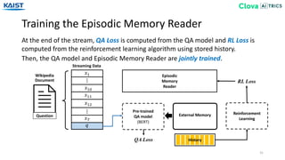 Training the Episodic Memory Reader
31
At the end of the stream, QA Loss is computed from the QA model and RL Loss is
computed from the reinforcement learning algorithm using stored history.
Then, the QA model and Episodic Memory Reader are jointly trained.
Wikipedia
Document
Question
Streaming Data
𝑥12
𝑥10
…
𝑥 𝑇
𝑥11
𝑞
…
𝑥1 Episodic
Memory
Reader
External Memory
Pre-trained
QA model
(BERT)
HistoryQA Loss
Reinforcement
Learning
RL Loss
 