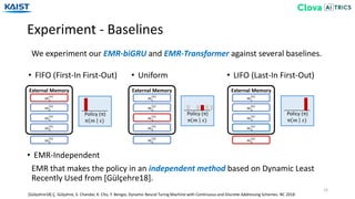 Experiment - Baselines
33
EMR that makes the policy in an independent method based on Dynamic Least
Recently Used from [Gülçehre18].
• FIFO (First-In First-Out) • Uniform • LIFO (Last-In First-Out)
• EMR-Independent
𝑚1
6
𝑚2
6
𝑚3
6
𝑚4
6
𝑚5
6
External Memory
𝑚1
6
𝑚2
6
𝑚3
6
𝑚4
6
𝑚5
6
External Memory
𝑚1
6
𝑚2
6
𝑚3
6
𝑚4
6
𝑚5
6
External Memory
Policy (π)
π 𝑚 𝑠)
𝑚5
6
Policy (π)
π 𝑚 𝑠)
𝑚5
6
Policy (π)
π 𝑚 𝑠)
We experiment our EMR-biGRU and EMR-Transformer against several baselines.
[Gülçehre18] Ç. Gülçehre, S. Chandar, K. Cho, Y. Bengio, Dynamic Neural Turing Machine with Continuous and Discrete Addressing Schemes. NC 2018
 