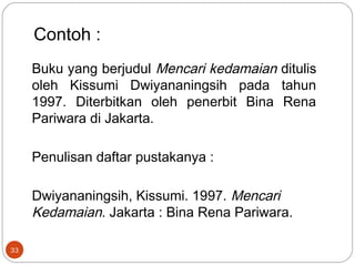 33
Buku yang berjudul Mencari kedamaian ditulis
oleh Kissumi Dwiyananingsih pada tahun
1997. Diterbitkan oleh penerbit Bina Rena
Pariwara di Jakarta.
Penulisan daftar pustakanya :
Dwiyananingsih, Kissumi. 1997. Mencari
Kedamaian. Jakarta : Bina Rena Pariwara.
Contoh :
 