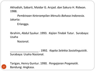 37
Akhadiah, Sabarti, Maidar G. Arsjad. dan Sakura H. Ridwan.
1988.
Pembinaan Keterampilan Menulis Bahasa Indonesia.
Jakarta:
Erlangga.
Ibrahim, Abdul Syukur. 1993. Kajian Tindak Tutur. Surabaya:
Usaha
Nasional.
__________________ . 1992. Kapita Selekta Sosiolinguistik.
Surabaya: Usaha Nasional.
Tarigan, Henry Guntur. 1990. Pengajaran Pragmatik.
Bandung: Angkasa.
 