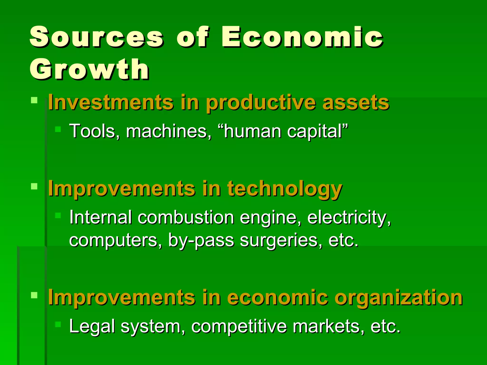 Sources of Economic Growth Investments in productive assets Tools, machines, “human capital” Improvements in technology Internal combustion engine, electricity, computers, by-pass surgeries, etc. Improvements in economic organization Legal system, competitive markets, etc.  