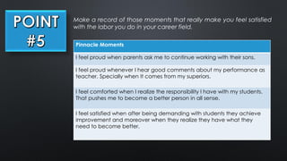 Make a record of those moments that really make you feel satisfied
with the labor you do in your career field.
Pinnacle Moments
I feel proud when parents ask me to continue working with their sons.
I feel proud whenever I hear good comments about my performance as
teacher. Specially when It comes from my superiors.
I feel comforted when I realize the responsibility I have with my students.
That pushes me to become a better person in all sense.
I feel satisfied when after being demanding with students they achieve
improvement and moreover when they realize they have what they
need to become better.
 