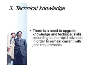 3. Technical knowledge


        • There is a need to upgrade
          knowledge and technical skills,
          according to the rapid advance
          in order to remain current with
          jobs requirements.
 