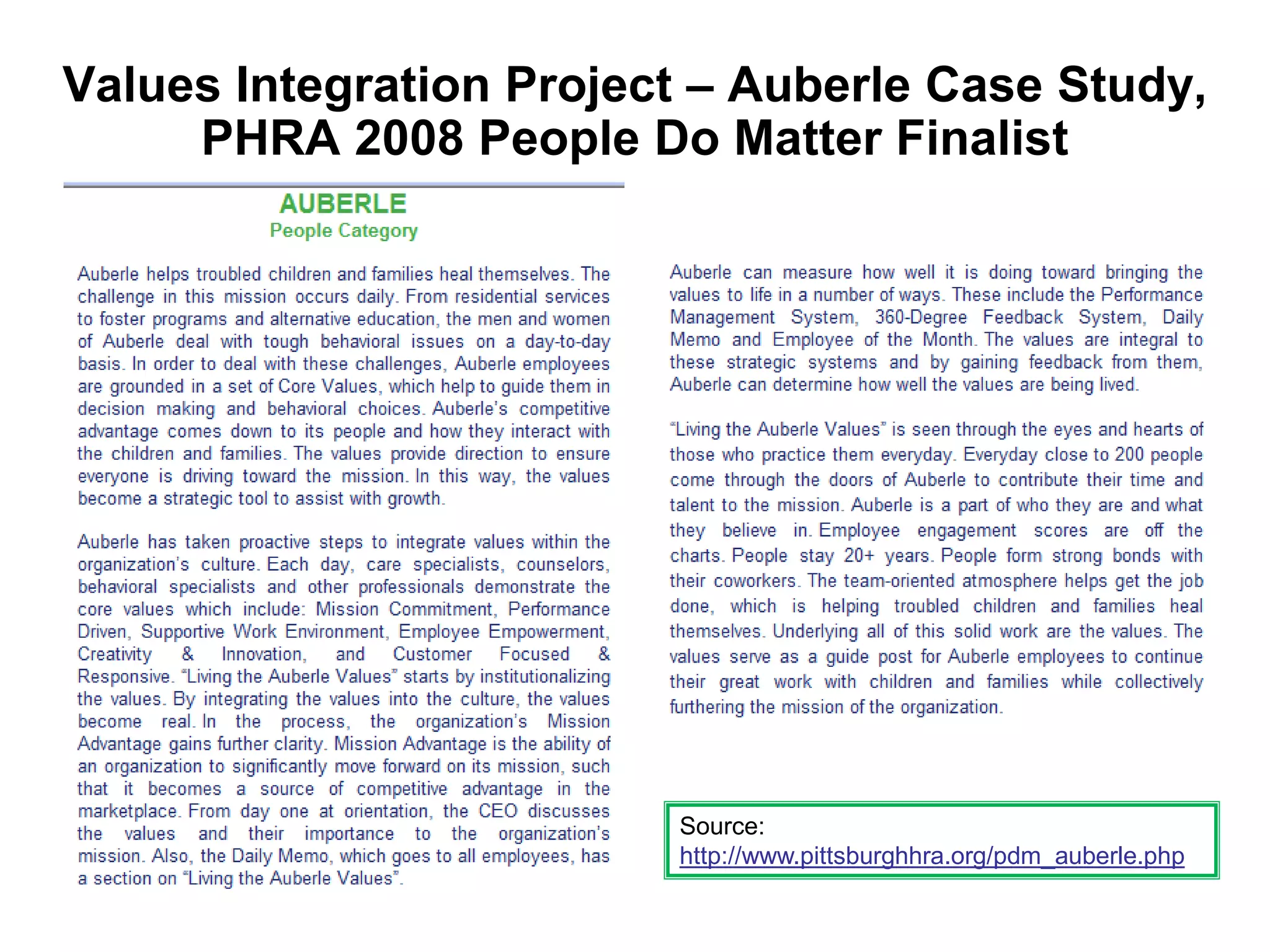 Values Integration Project – Auberle Case Study,
     PHRA 2008 People Do Matter Finalist




                         Source:
                         http://www.pittsburghhra.org/pdm_auberle.php
 