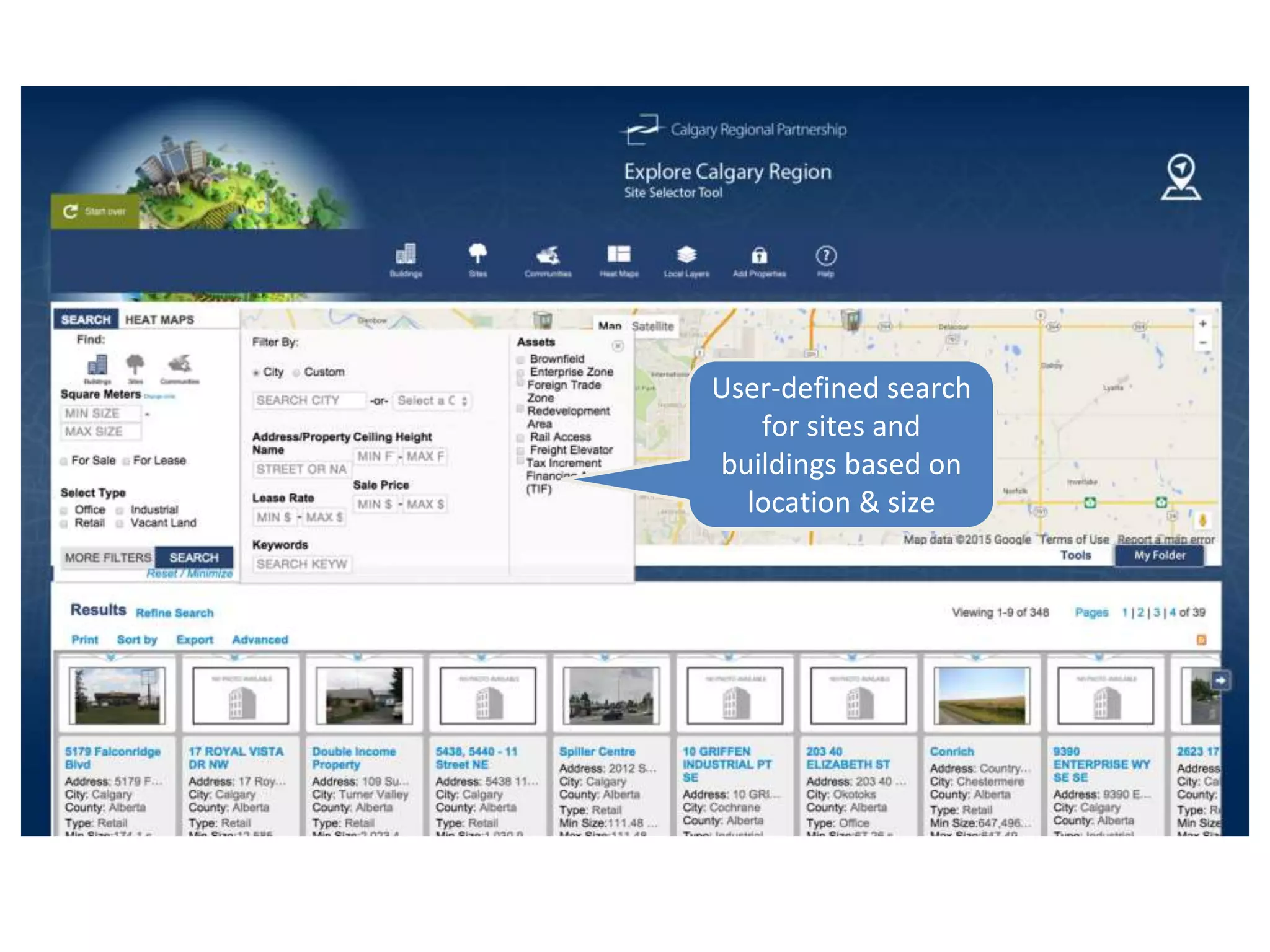 User-defined search
for sites and
buildings based on
location & size
 