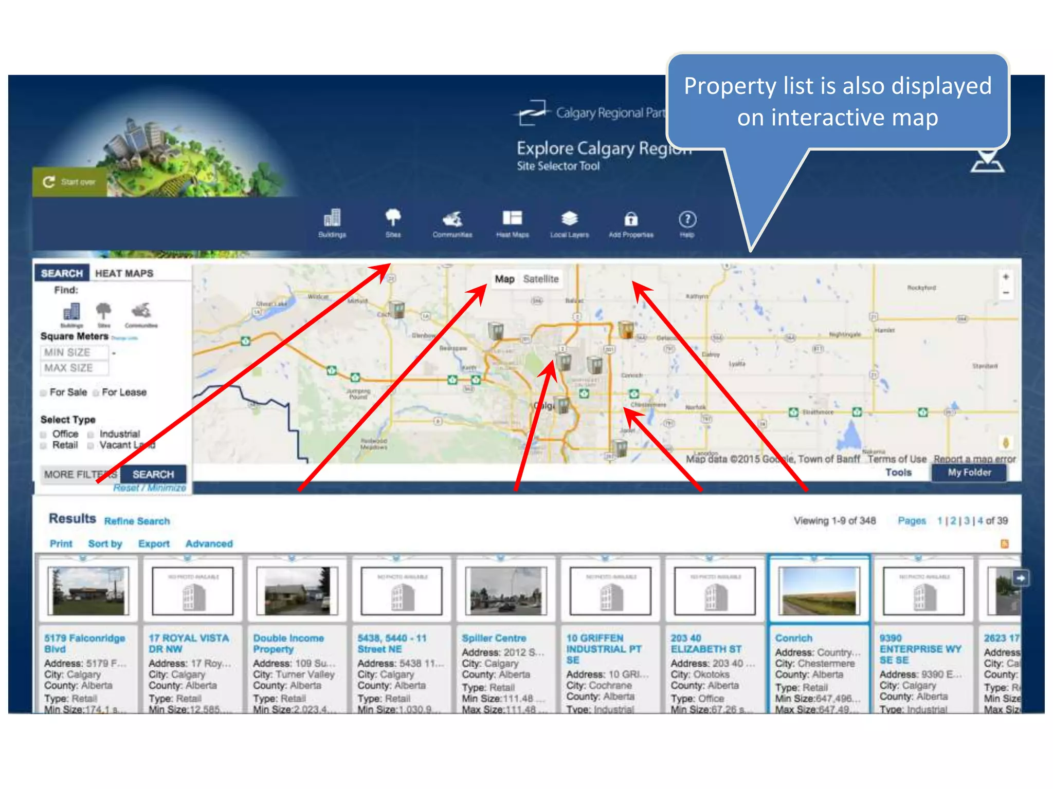 Property list is also displayed
on interactive map
 