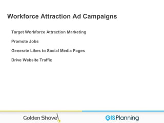Workforce Attraction Ad Campaigns
Target Workforce Attraction Marketing
Promote Jobs
Generate Likes to Social Media Pages
Drive Website Traffic
 