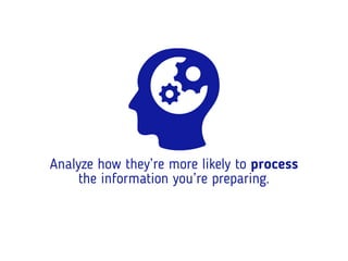 Analyze how they’re more likely to process
the information you’re preparing.
 