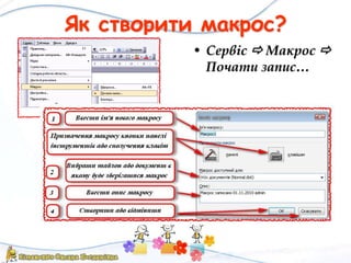 Як створити макрос?
• Сервіс  Макрос 
Почати запис…
 