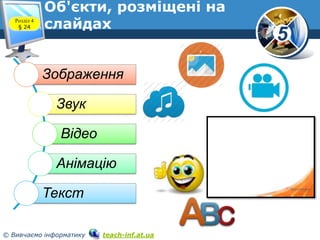 5
© Вивчаємо інформатику teach-inf.at.ua
Розділ 4
§ 24
Об'єкти, розміщені на
слайдах
Зображення
Звук
Відео
Анімацію
Текст
 