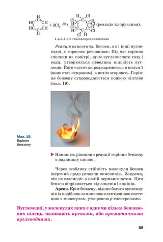 65
1,2,3,4,5,6/гексахлороциклогексан
Реакція окиснення. Бензен, як і інші вугле/
водні, є горючою речовиною. Під час горіння
сполуки на повітрі, крім вуглекислого газу і
води, утворюється невелика кількість вуг/
лецю. Його часточки розжарюються в полум’ї
(воно стає яскравим), а потім згоряють. Горін/
ня бензену супроводжується появою кіптяви
(мал. 19).
Мал. 19.
Горіння
бензену
 Напишіть рівняння реакції горіння бензену
в надлишку кисню.
Через особливу стійкість молекули бензен
інертний щодо речовин/окисників. Зокрема,
він не взаємодіє з калій перманганатом. Цим
бензен відрізняється від алкенів і алкінів.
Арени. Крім бензену, відомо багато вуглевод/
нів із подібною замкненою електронною систе/
мою в молекулах, утвореною р/електронами.
Вуглеводні, у молекулах яких є одне чи кілька бензено'
вих кілець, називають аренами, або ароматичними
вуглеводнями.
 
