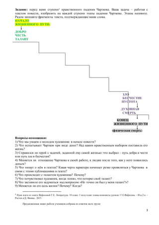 3
Задание: перед вами ступени2
нравственного падения Чарткова. Ваша задача – работая с
текстом повести, изобразить на каждой ступени этапы падения Чарткова. Этапы назовите.
Рядом запишите фрагменты текста, подтверждающие ваши слова.
НАЧАЛО
ЖИЗНЕННОГО ПУТИ:
ДОБРО
ЧЕСТЬ
ТАЛАНТ
ЗЛО
БЕСЧЕСТИЕ
ПУСТОТА
ДУХОВНАЯ
СМЕРТЬ
КОНЕЦ
ЖИЗНЕННОГО ПУТИ
(физическая смерть)
Вопросы-помощники:
1) Что мы узнаем о молодом художнике в начале повести?
2) Что испытывает Чартков при виде денег? Над каким нравственным выбором поставила его
жизнь?
3) Справился ли герой с задачей, заданной ему самой жизнью: что выбрал – путь добра и чести
или путь зла и бесчестия?
4) Меняется ли отношение Чарткова к своей работе, к людям после того, как у него появились
деньги?
5) Что пишут о нём в газетах? Какая черта характера начинает резко проявляться у Чарткова в
связи с этими публикациями в газете?
6) Что происходит с талантом художника? Почему?
7) Что почувствовал художник, когда понял, что потерял свой талант?
8) Что заставило его задуматься над вопросом: «Но точно ли был у меня талант?»?
9) Меняется ли его цель жизни? Почему? Когда?
2
Идея взята из книги Фефиловой Г.Е. Литература. 10 класс: I полугодие: планы-конспекты уроков / Г.Е.Фефилова. – Изд.2-е. –
Ростов н/Д: Феникс. 2015.
Предложенная ниже работа учеников собрана из ответов всех групп
 